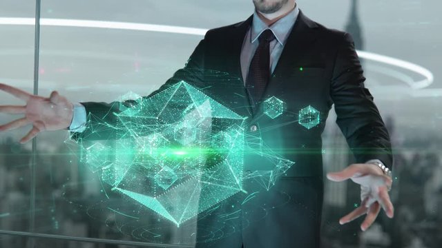 Businessman with Product Lifecycle Management hologram concept
