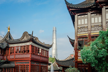 Shanghai, China view at the traditional Yuyuan Garden District at blue sky cloudy
