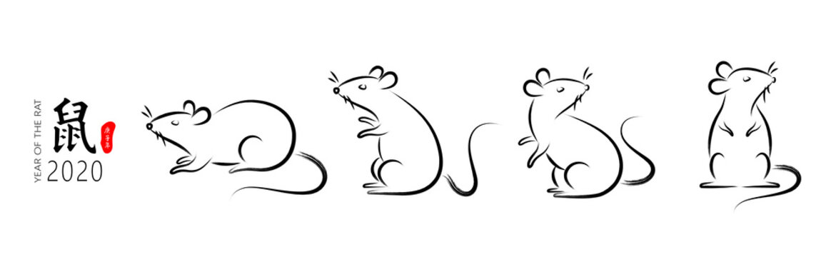A set of hand-drawn mouse vector illustrations in Chinese calligraphy style, Chinese characters: rat, the Chinese character on the red stamp is: Geng Zi Nian