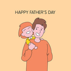 Happy child rides on his dad's shoulder vector cartoon illustration for Happy father's day poster background template design.