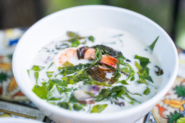 Gnetum gnemon vegetable coconut soup with shrimp