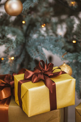Christmas gift box near the Christmas tree.
