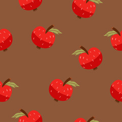 Seamless pattern with red apples on a brown background. Vector graphics