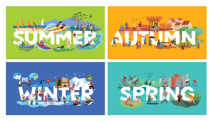 Lettering Summer, Autumn, Winter, Spring and themed plots. Set. Around letters genre pictures with human activities. Vector hand full color graphics