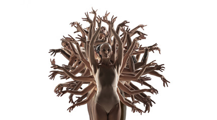 The group of modern ballet dancers like a tree. Contemporary art ballet. Young flexible athletic people in tights. Copyspace. Concept of dance grace, inspiration, creativity. Made of shots of 5 models
