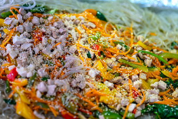 Fry noodles mixed vegetables with meat, seafood, Vietnamese street food