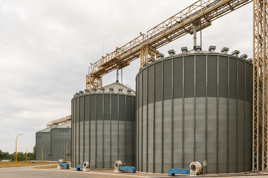 Modern elevator for storing grain against the sky. Grain drying complex, storage and transportation of grain. Large granary in the field. Agricultural industry