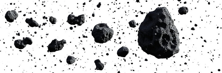 Asteroidenschwarm isoliert auf weißem Hintergrund