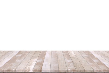 Wood table top isolated on white background. Used for product placement or montage.	