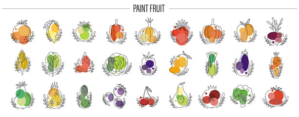 Icon fruit and vegetable set. Hand drawn naive style. - obrazy, fototapety, plakaty