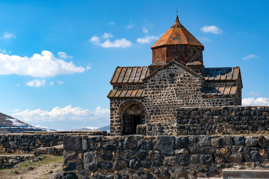 Sevanavank  monastery,Old christianity church  in Armenia and Sevan lake with blue sky background, Scenic view of beautiful landscape with old architecture.