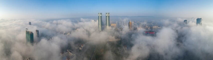 A City shrouded in fog in the morning, Nanchang, China 