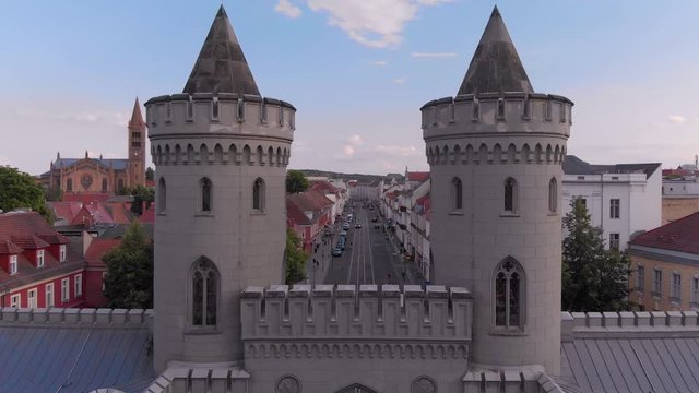 Fly over Nauener Tor in Potsdam, Germany