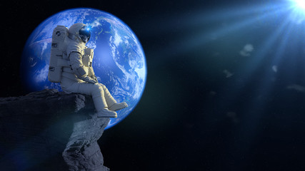 astronaut sitting on a cliff on the Moon in front of planet Earth  © dottedyeti