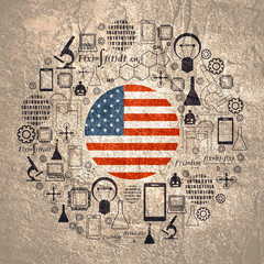 Innovation and technology concept. Circle frame with thin line icons. Flag of the USA