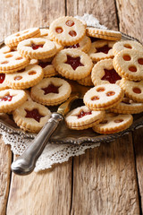 Christmas Linzer cookies stuffed with strawberry and apricot jam  close-up on the plate. Vertical