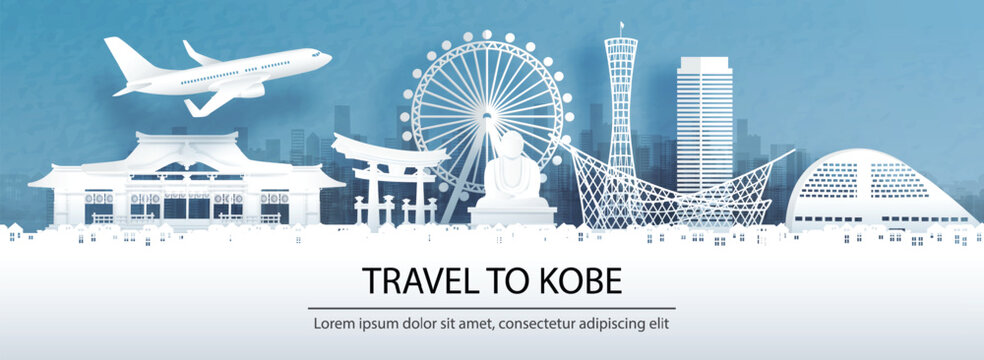 Travel advertising with travel to Kobe concept with panorama view city skyline and world famous landmarks of Japan in paper cut style vector illustration.