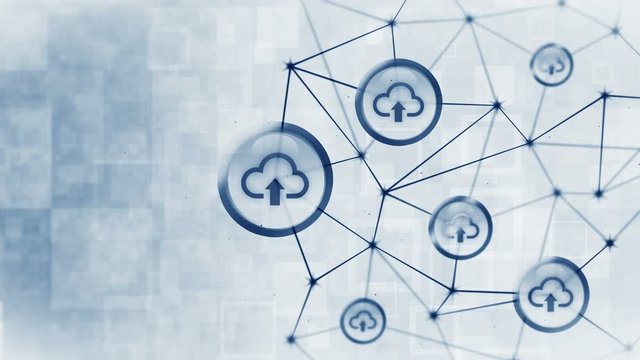 Server data space with cloud icons floating. Internet connection structure. Upload icon. Business technology concept. Polygonal space with connecting dots and lines. Wireframe polygon and icon.