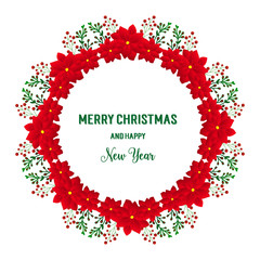 Text border of merry christmas and happy new year, with pattern of red flower frame. Vector