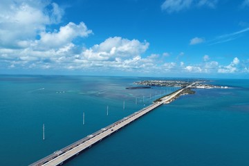 Fototapeta na wymiar Aerial view of famou bridge and islands in the way to Key West, Florida Keys, United States. Great landscape. Vacation travel. Travel destination. Tropical scenery.