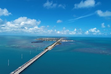 Fototapeta na wymiar Aerial view of famou bridge and islands in the way to Key West, Florida Keys, United States. Great landscape. Vacation travel. Travel destination. Tropical scenery.