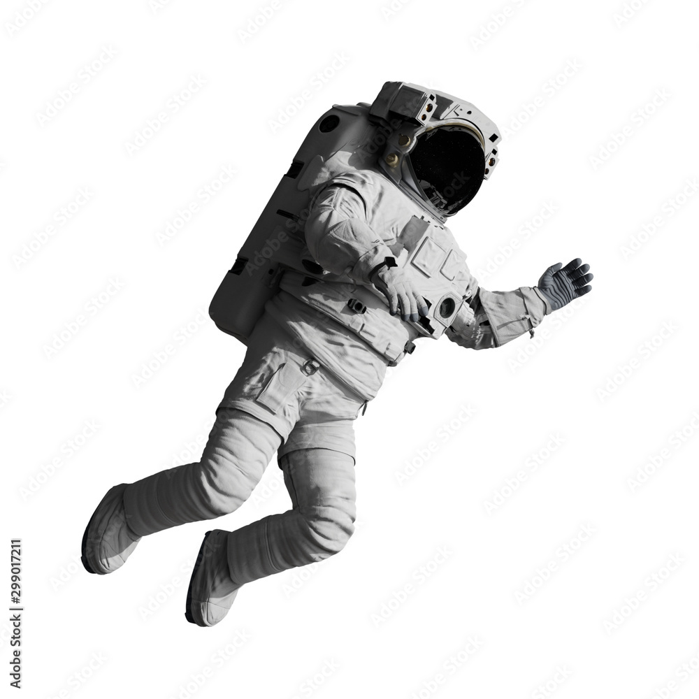 Wall mural astronaut floating in outer space, isolated on white background