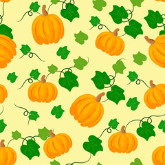 orange pumpkin pattern with green leaves on Halloween theme on light background