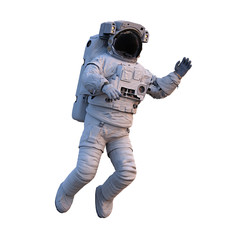 astronaut waving during space walk, isolated on white background - obrazy, fototapety, plakaty