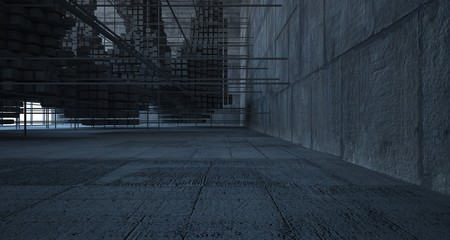 Abstract architectural concrete  interior  from an array of white cubes with large windows. 3D illustration and rendering.