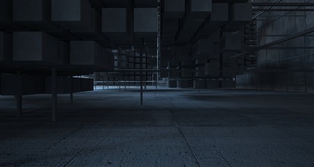 Abstract architectural concrete  interior  from an array of white cubes with large windows. 3D illustration and rendering.