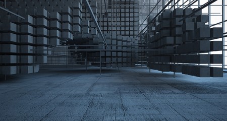 Abstract architectural concrete  interior  from an array of white cubes with large windows. 3D illustration and rendering.