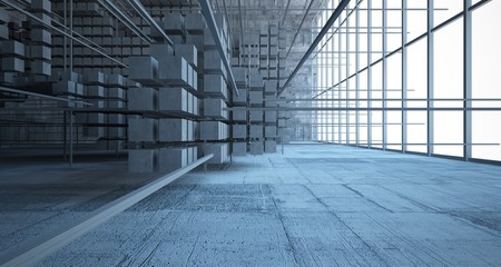 Abstract architectural concrete  interior  from an array of white cubes with large windows. 3D illustration and rendering.