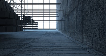Abstract architectural concrete  interior  from an array of white cubes with large windows. 3D illustration and rendering.
