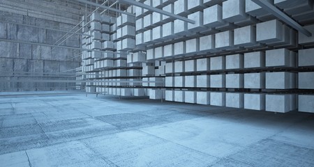 Abstract architectural concrete  interior  from an array of white cubes with large windows. 3D illustration and rendering.
