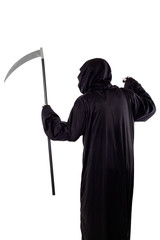The grim reaper or death halloween costume isolated on a white background.  The skeleton is wearing...