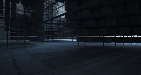 Abstract architectural concrete  interior  from an array of white cubes with large windows. 3D illustration and rendering.