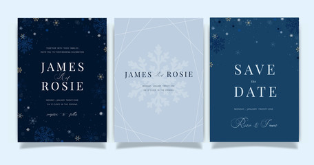 Winter blue Wedding Invitation set, floral invite thank you, rsvp modern card Design in white snowflakes  branches decorative Vector elegant rustic template