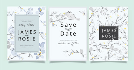 Little Bird Wedding Invitation set, floral invite thank you, rsvp modern card Design in yellow floral with gray leaf greenery  branches decorative Vector elegant rustic template