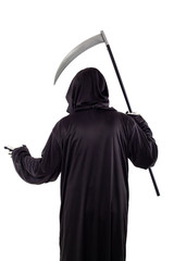 The grim reaper or death halloween costume isolated on a white background.  The skeleton is wearing...
