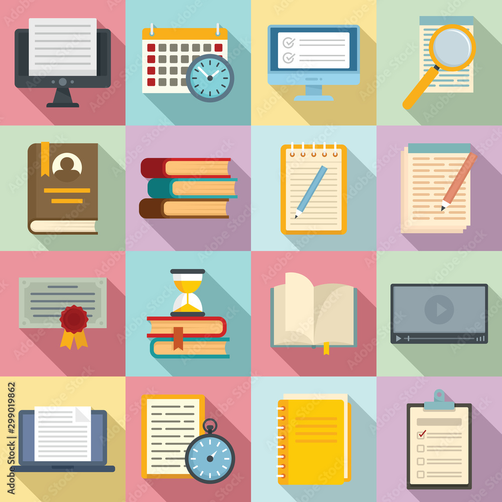 Poster preparation for exams icons set. flat set of preparation for exams vector icons for web design