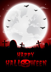 Halloween night red background,Gravestones and full moon.Vector illustration.