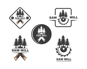 saw and pines tree  logo icon vector illustration