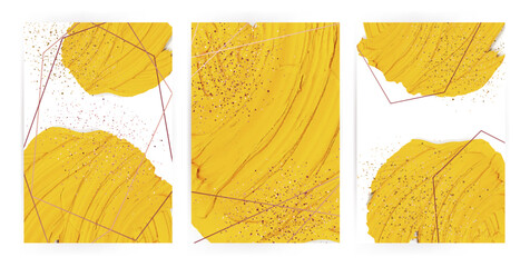 Ready to use Card. Watercolor invitation design.watercolor background.Template for wedding. frame.a4,luxury yellow paint cosmetic lip texture vector background set