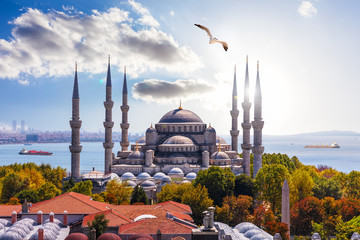 Gorgeous Sultan Ahmet Mosque in Istanbul and the Bosporus on the background