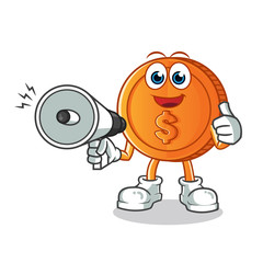Obraz premium coin happy hold handy loudspeaker mascot vector cartoon illustration