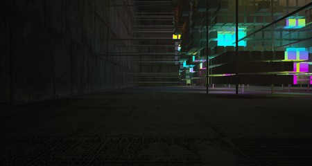 Abstract architectural concrete interior from an array of white cubes with color gradient neon lighting. 3D illustration and rendering.