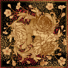 Blumenmuster. Blumenstrauß aus luxuriösen Pfingstrosen, Ornamentdetails im Barockstil und Leopardenhautflecken. © marinavorona