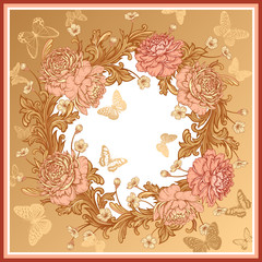 Floral pattern. Wreath of luxurious flowers peonies, baroque style ornament details and butterflies.