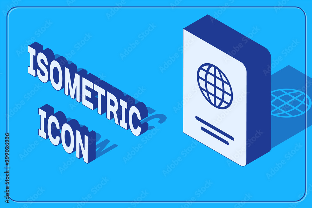 Poster isometric passport with biometric data icon isolated on blue background. identification document. ve