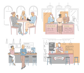 Bar and barista, coffee house with hot beverages, isolated icons